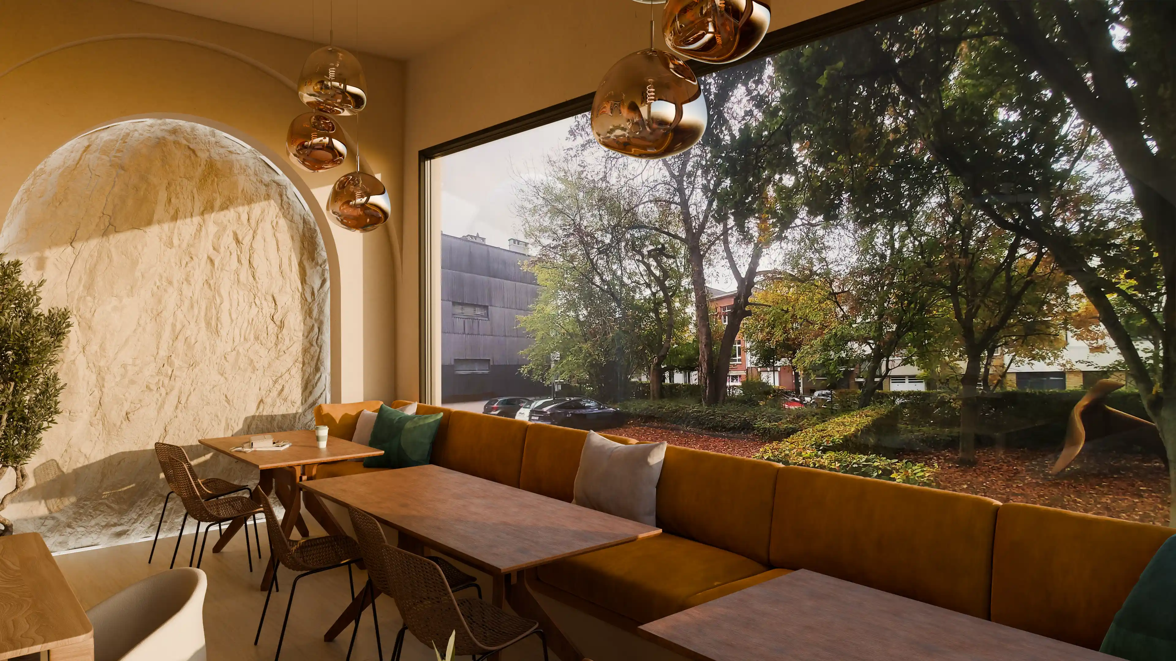 CAD Cafeteria — rear view, daytime 3D render