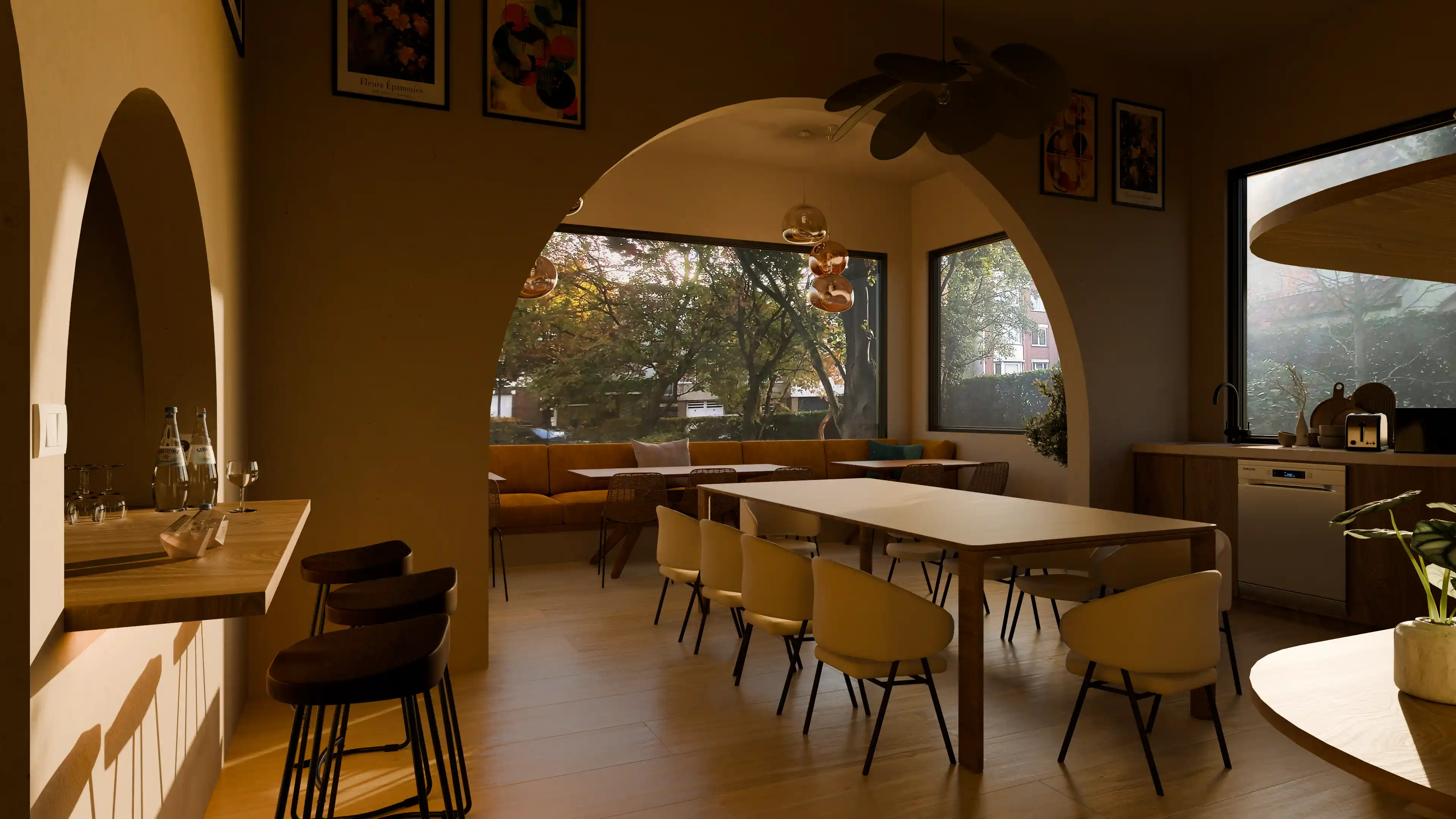 CAD Cafeteria — corridor, daytime 3D render