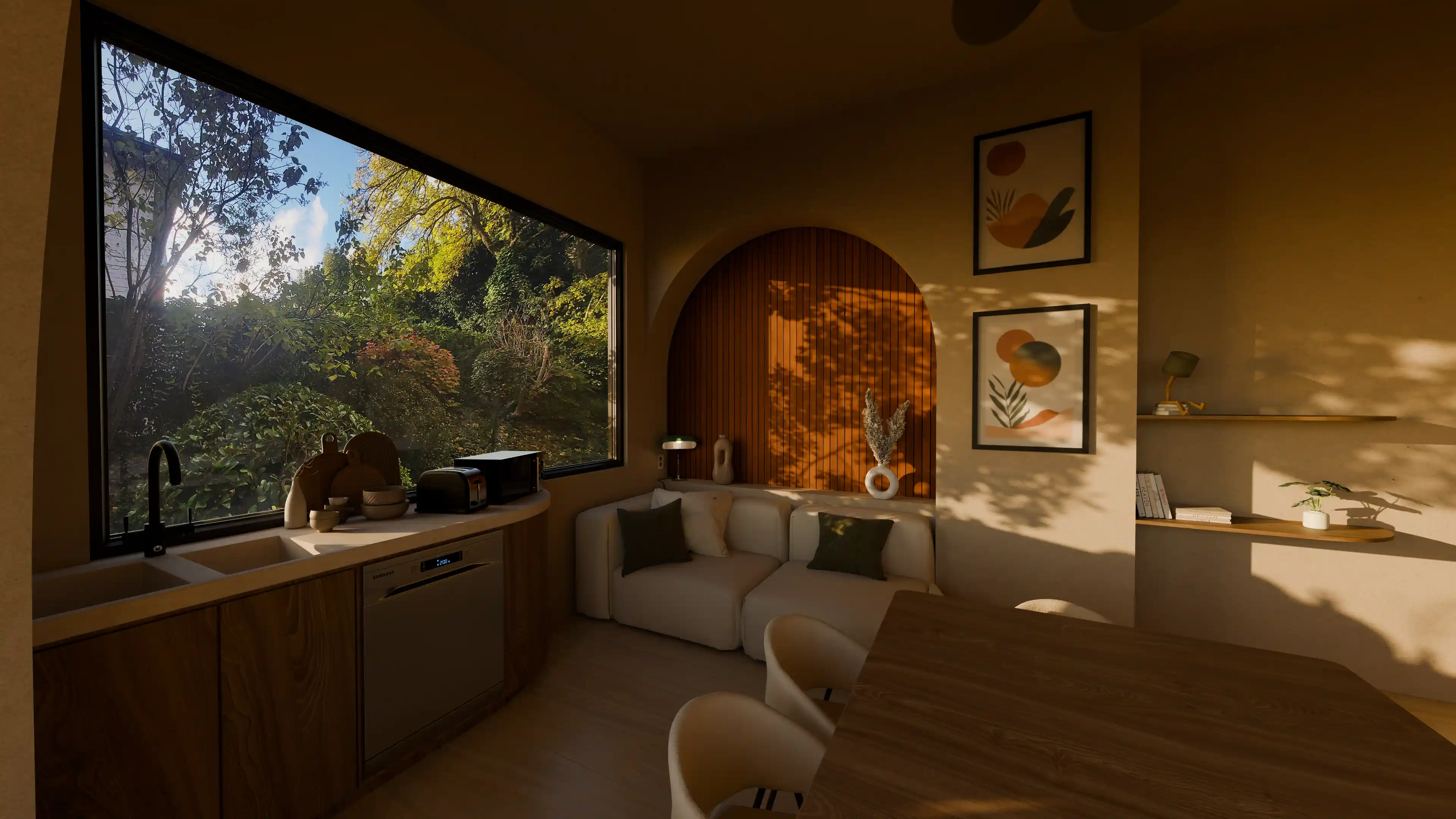 CAD Cafeteria — kitchen area, daytime 3D render
