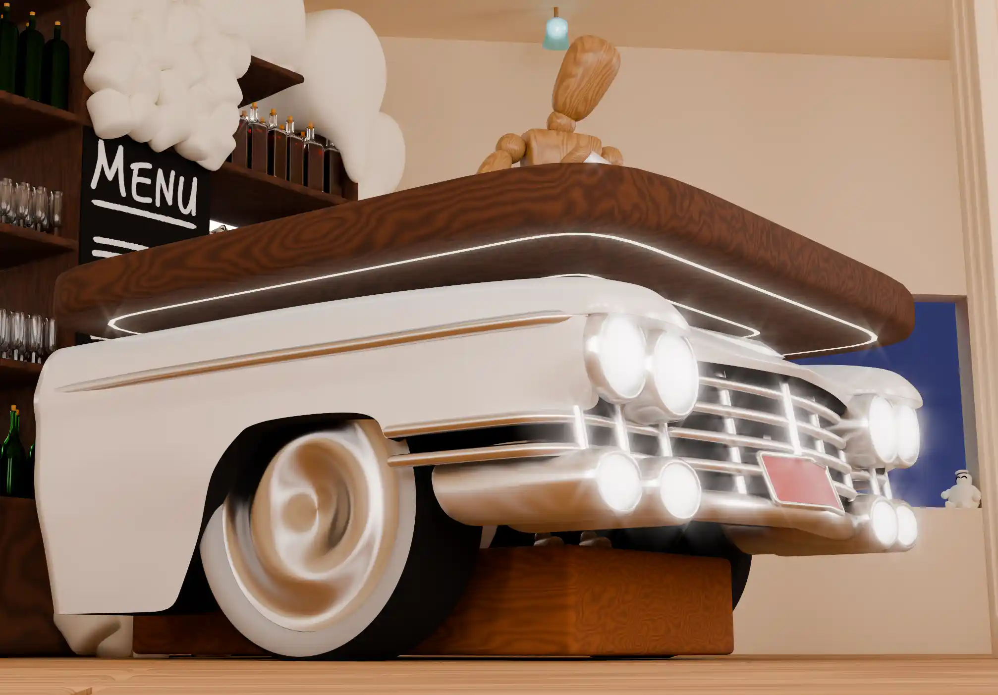 CAD Cafeteria — rear view, daytime 3D render