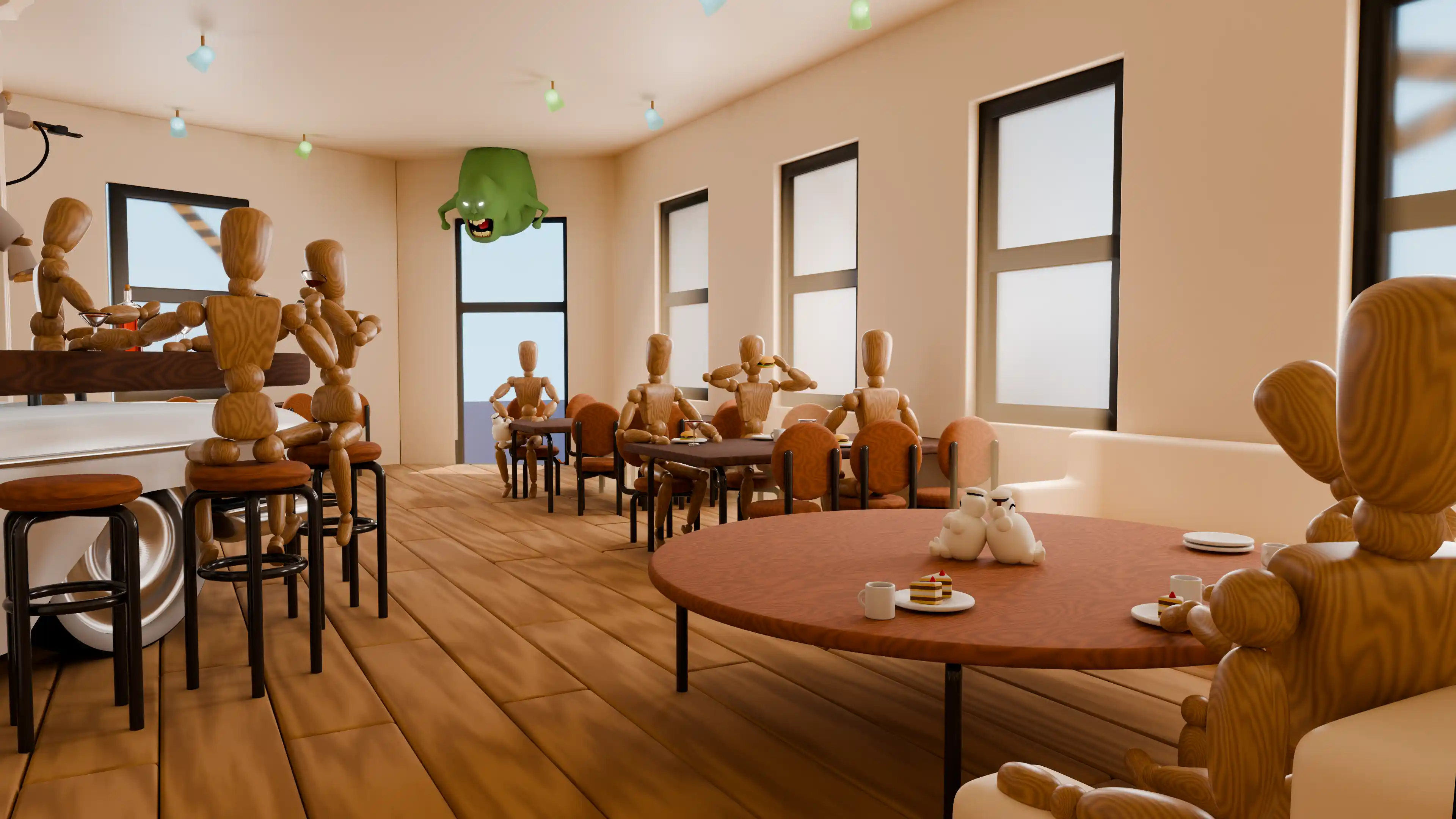 CAD Cafeteria — seating area, daytime 3D render